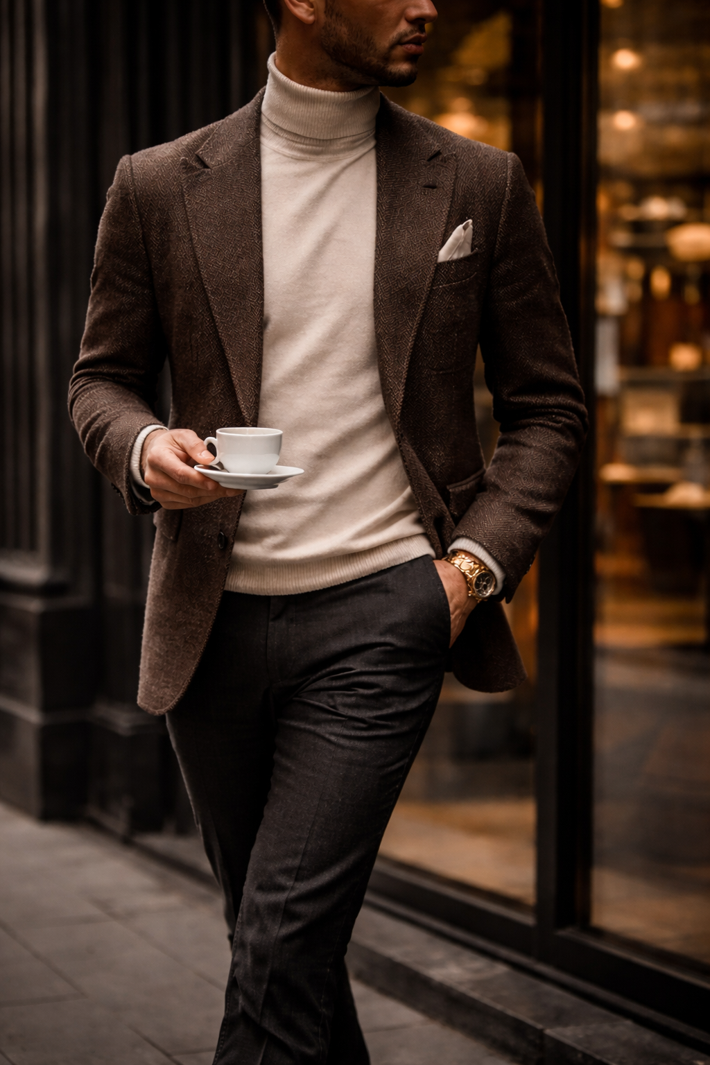 Sophisticated gentleman in brown tweed sport coat with cream turtleneck