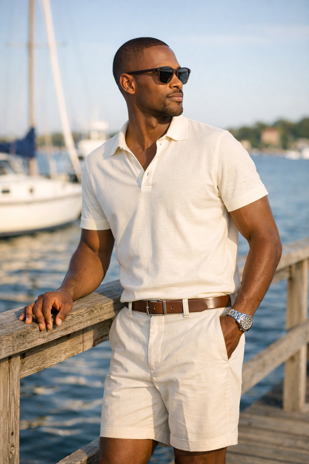 Gentleman in coastal casual linen attire at marina