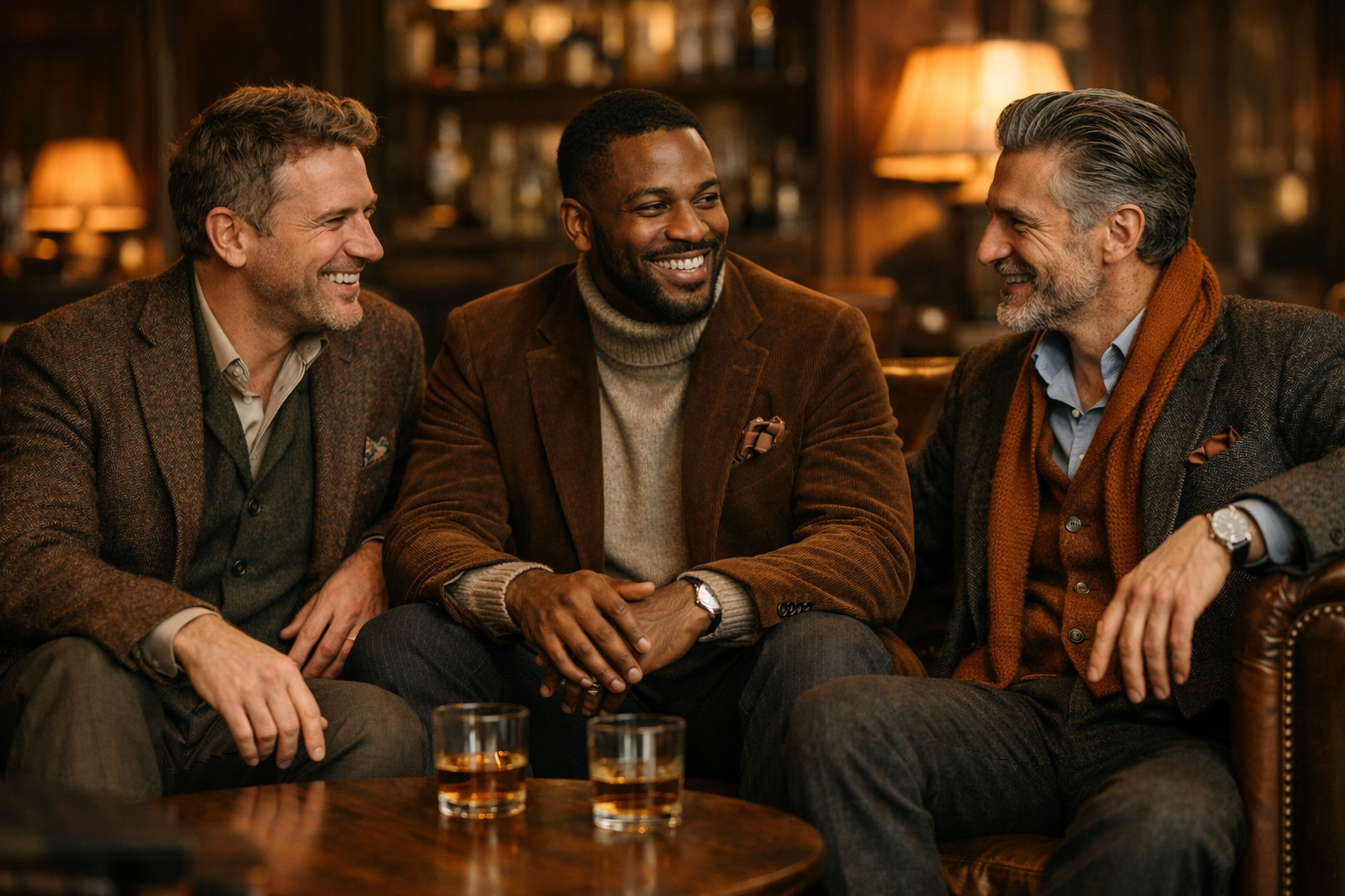 Three distinguished gentlemen in tailored suits enjoying conversation