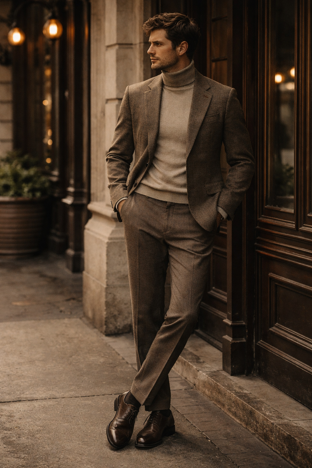 Gentleman in tailored brown suit with turtleneck sweater