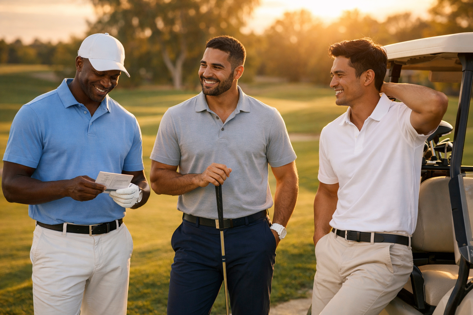 Gentlemen on golf course in performance apparel